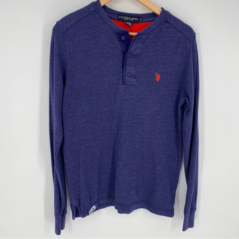 US Polo Association Men’s Henley Classic 3 Button Logo Y2K Navy with Red Medium